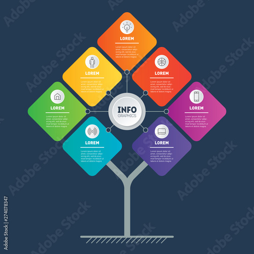 Business presentation concept with 7 options. Brochure design template. Template of tree, info chart or diagram. Vector infographic of technology or education process with seven steps.