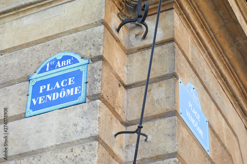Fototapeta Naklejka Na Ścianę i Meble -  Famous Place Vendome street sign and corner in Paris, France