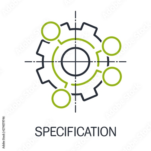 Specifications. Vector linear icon, white background.