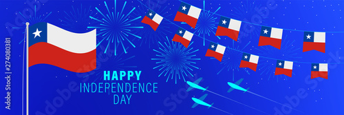 September 18 Chile Independence Day greeting card. Celebration background with fireworks, flags, flagpole and text.