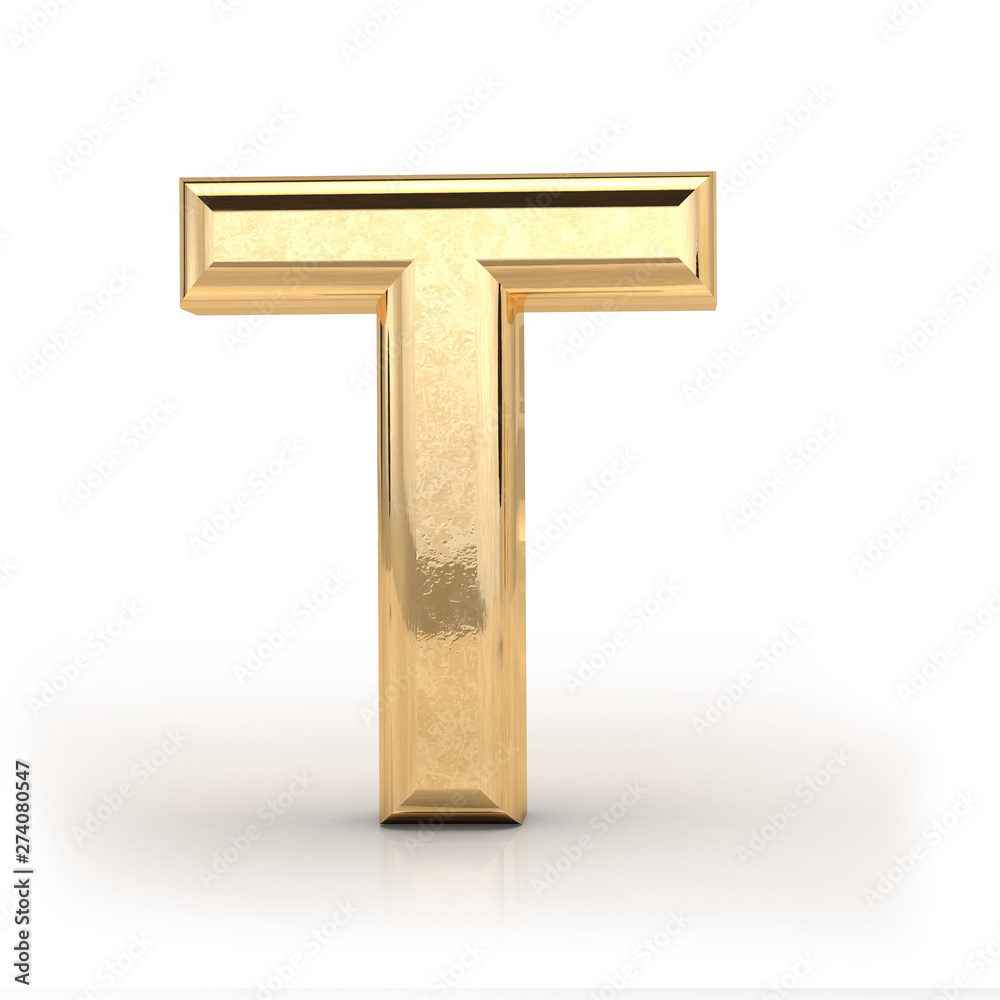 Golden font, letter T, 3d render, gold metal texture, on white background Golden font, letter T, 3d render, gold metal texture, on white background