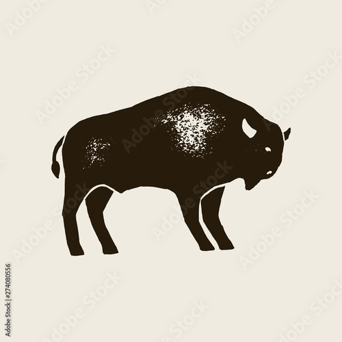 Bison Silhouette Icon. Vector Hand draw bison Symbol of America In Retro style with Grunge Texture on a Light background. Template for logo steak house, farm, t-shirt print and other.