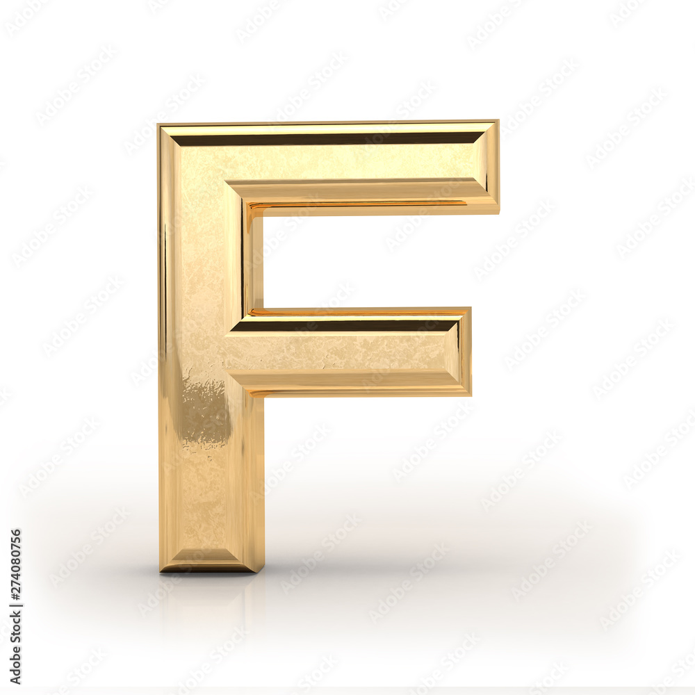 Golden font, letter F, 3d render, gold metal texture, on white background Golden font, letter F, 3d render, gold metal texture, on white background