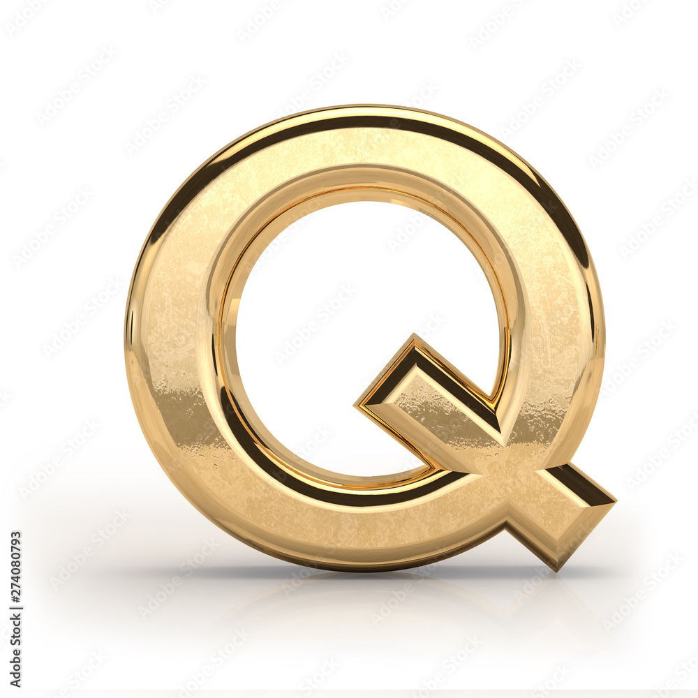 Golden font, letter Q, 3d render, gold metal texture, on white background Golden font, letter Q, 3d render, gold metal texture, on white background