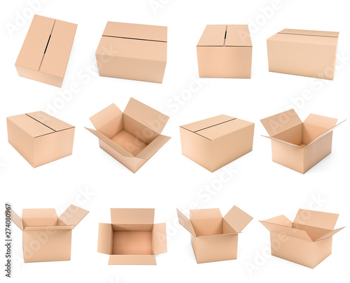 Shipping box mock up. Set brown cartons. 3d rendering illustration isolated © savanno