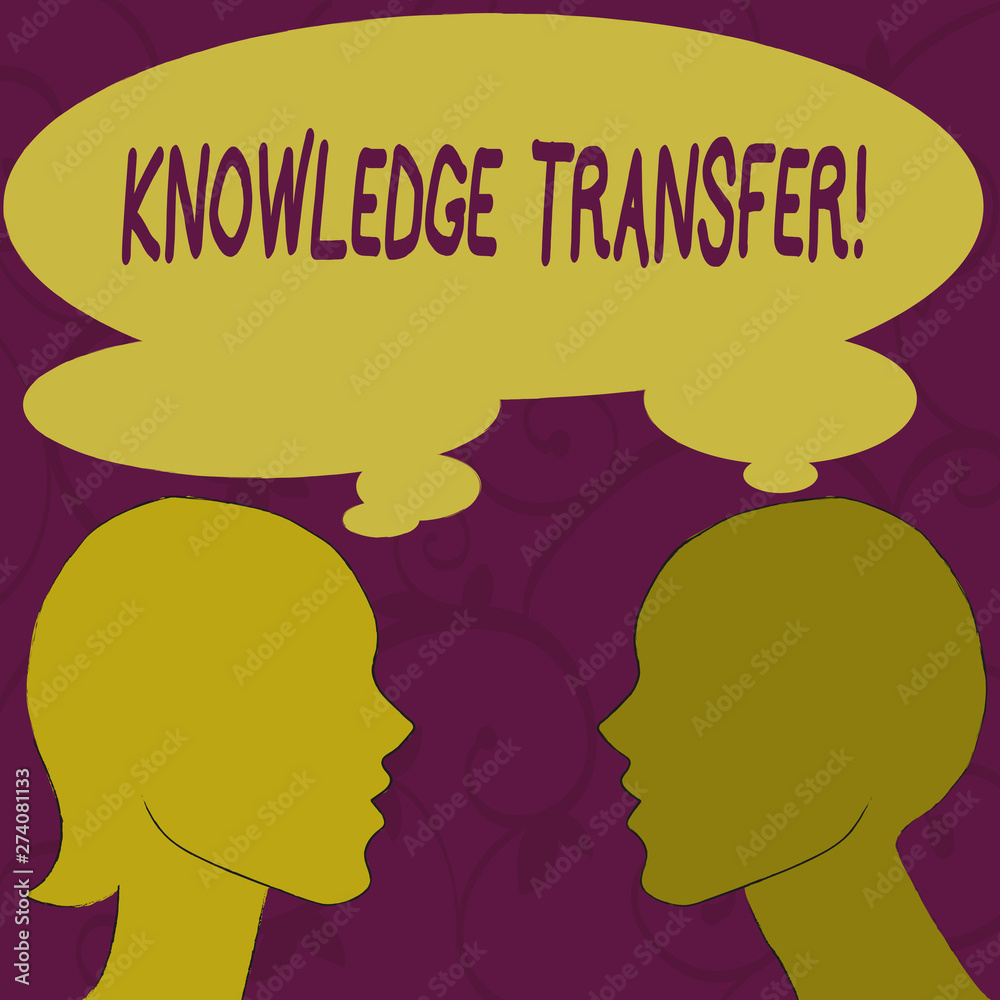 Text sign showing Knowledge Transfer. Business photo showcasing sharing or disseminating of knowledge and experience Silhouette Sideview Profile Image of Man and Woman with Shared Thought Bubble