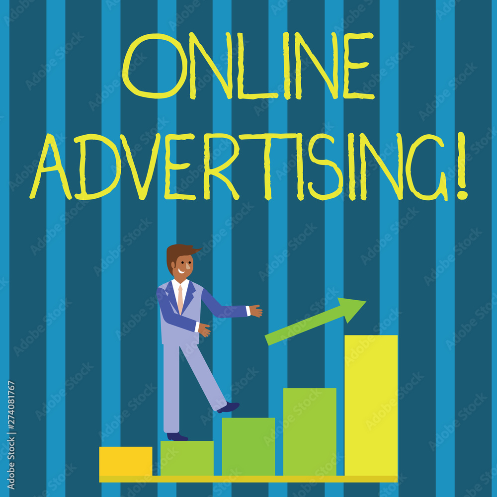 Writing note showing Online Advertising. Business concept for uses the Internet to marketing messages to customers Smiling Businessman Climbing Bar Chart Following an Arrow Up Writing note showing Online Advertising. Business concept for uses the Internet to marketing messages to customers Smiling Businessman Climbing Bar Chart Following an Arrow Up