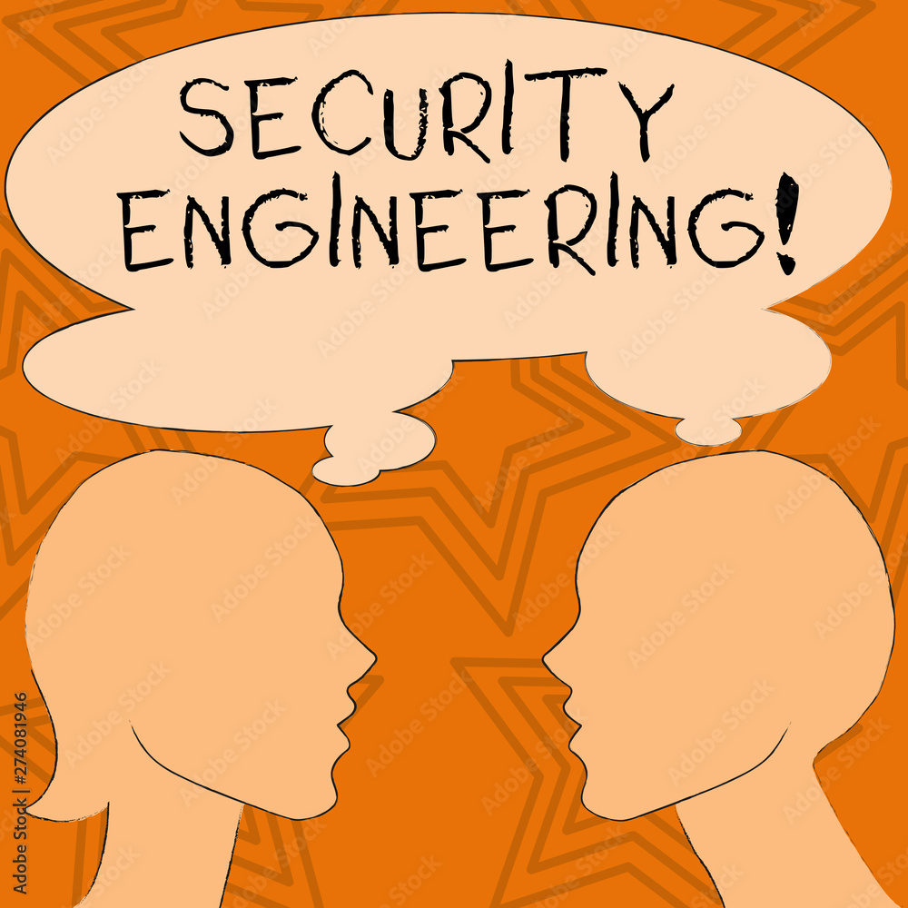 Writing note showing Security Engineering. Business concept for focus on the security aspects in the design of systems Silhouette Sideview Profile of Man and Woman Thought Bubble