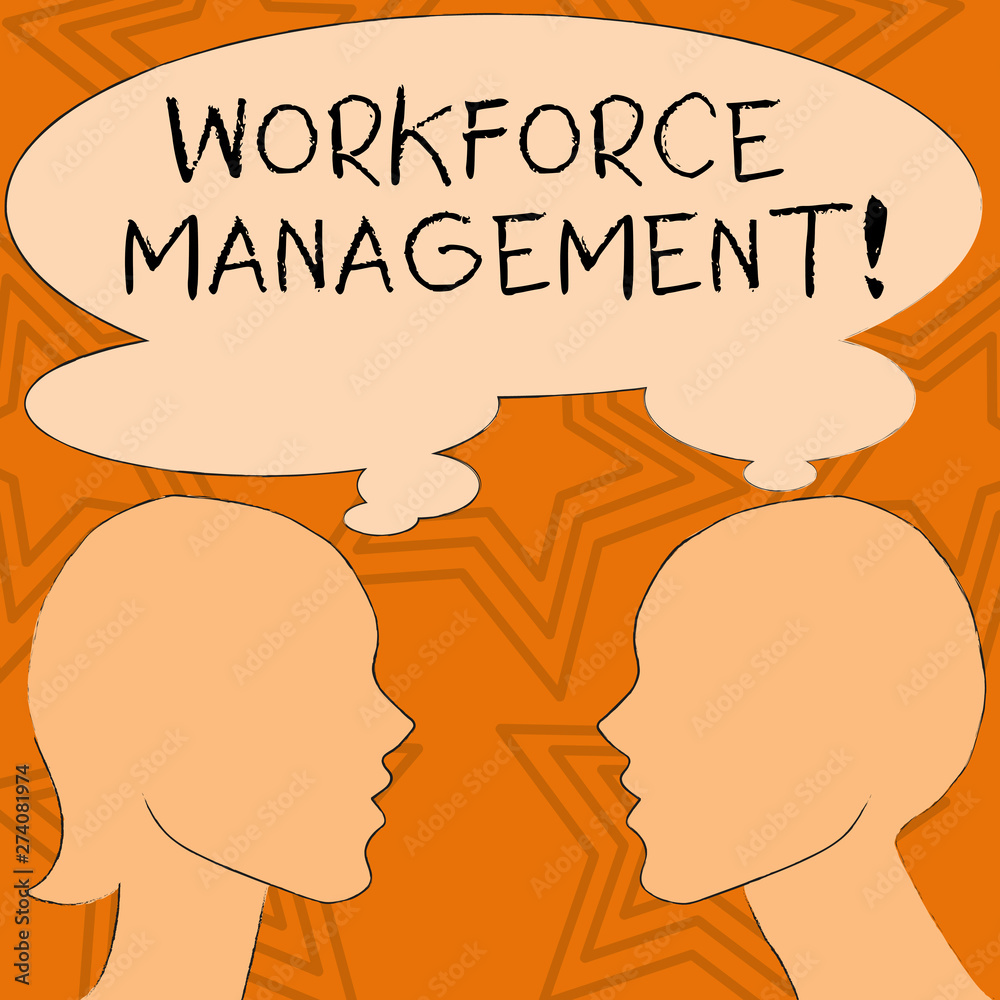 Writing note showing Workforce Management. Business concept for use to optimize the productivity of its employees Silhouette Sideview Profile of Man and Woman Thought Bubble