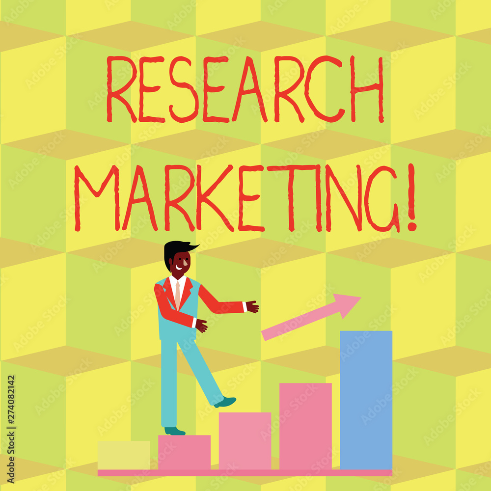 Handwriting text Research Marketing. Conceptual photo process of gathering and interpreting info about a market Smiling Businessman Climbing Colorful Bar Chart Following an Arrow Going Up Handwriting text Research Marketing. Conceptual photo process of gathering and interpreting info about a market Smiling Businessman Climbing Colorful Bar Chart Following an Arrow Going Up