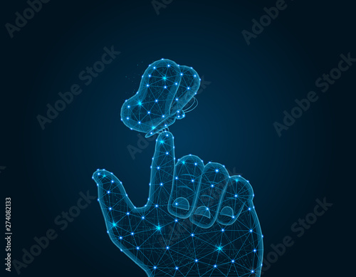 Butterfly on human finger low poly design, moths polygonal style, vector illustration on blue background