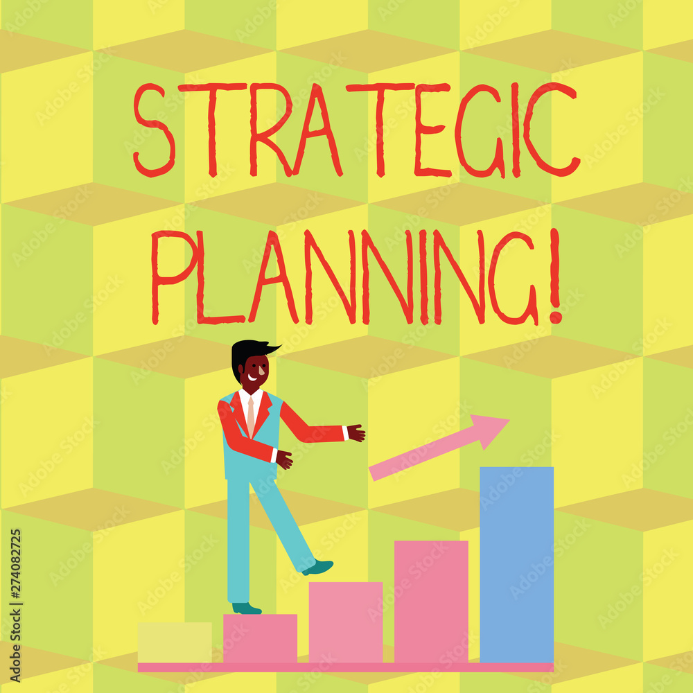 Handwriting text Strategic Planning. Conceptual photo systematic process of envisioning a desired future Smiling Businessman Climbing Colorful Bar Chart Following an Arrow Going Up Handwriting text Strategic Planning. Conceptual photo systematic process of envisioning a desired future Smiling Businessman Climbing Colorful Bar Chart Following an Arrow Going Up