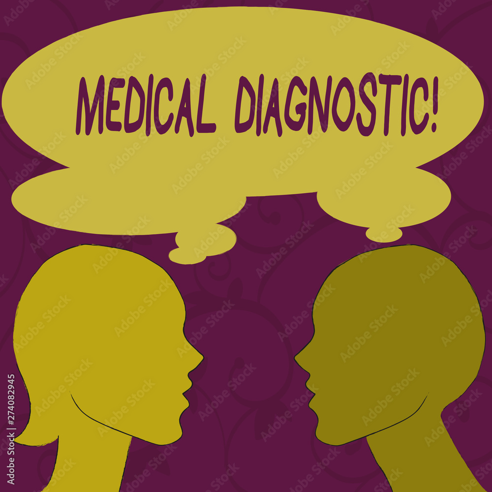 Text sign showing Medical Diagnostic. Business photo showcasing detection of diseases or other medical conditions Silhouette Sideview Profile Image of Man and Woman with Shared Thought Bubble