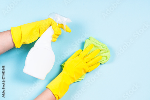 Cleaning concept on blue background.