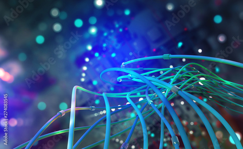 Digital technology. Web of global data. Network connections in the cyberspace of the future. 3D illustration of computer wires in an abstract, futuristic city