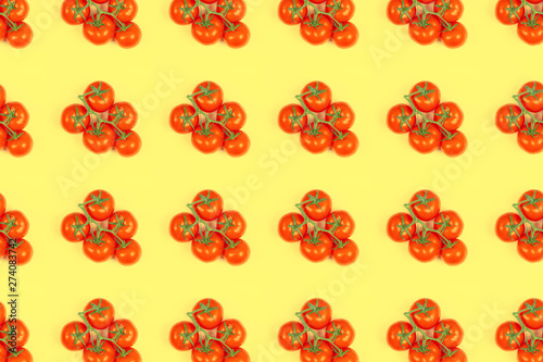 Pattern red tomatoes on a green branch on a yellow background