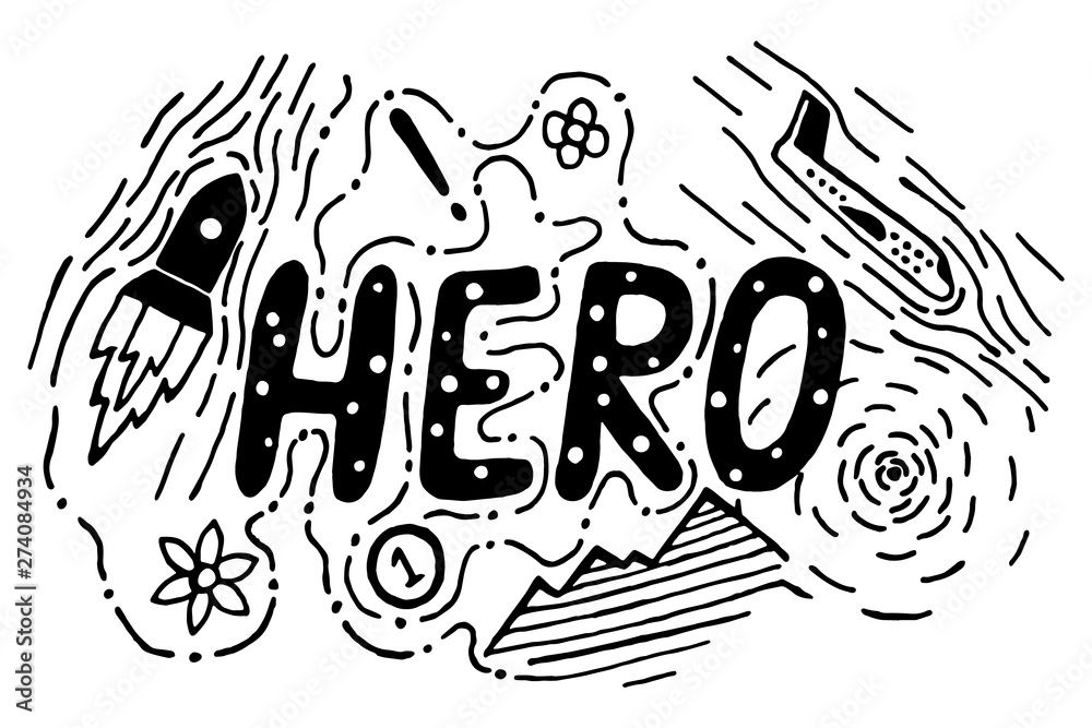 Handdrawn background illustration with a big word 'HERO'