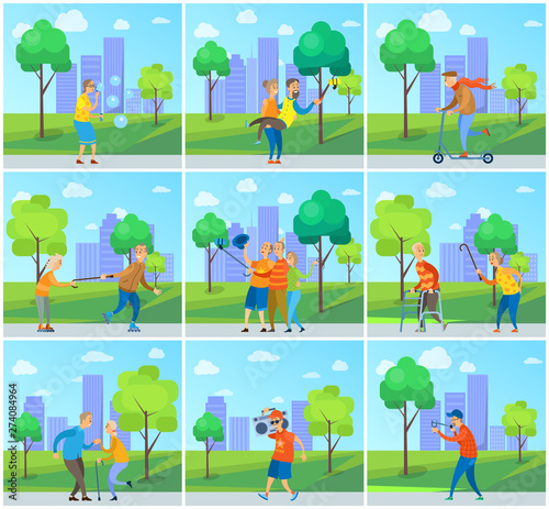 Hipster pensioners vector, man and woman taking selfie with smartphones, modern grandmother and grandfather on scooter, lady rolling, soap bubbles