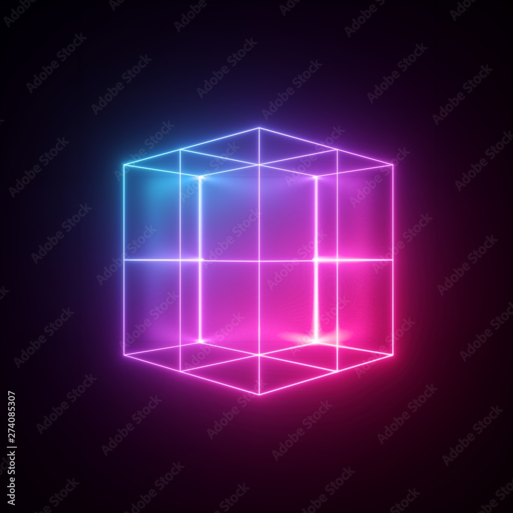 3d render, neon abstract background with glowing lines, isolated cube, cyber shape in virtual reality, laser show 3d render, neon abstract background with glowing lines, isolated cube, cyber shape in virtual reality, laser show