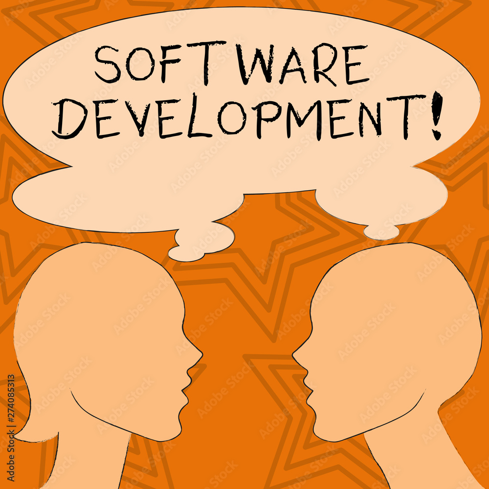 Writing note showing Software Development. Business concept for software is created using a specific programming Silhouette Sideview Profile of Man and Woman Thought Bubble