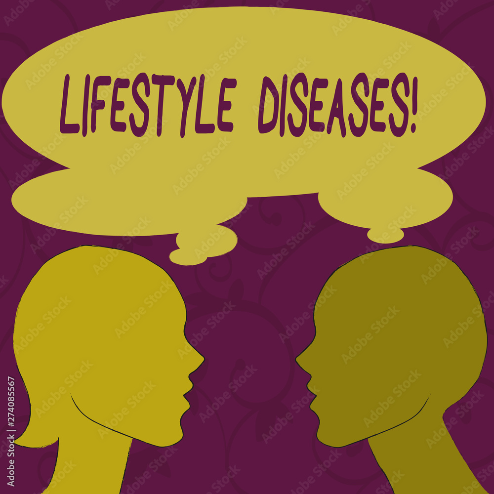 Text sign showing Lifestyle Diseases. Business photo showcasing the disease associated with the way a demonstrating lives Silhouette Sideview Profile Image of Man and Woman with Shared Thought Bubble