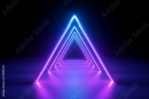 3d render, abstract neon background, fashion podium in ultraviolet light, performance stage decoration, glowing triangle shapes, illuminated night club corridor with triangular arcade