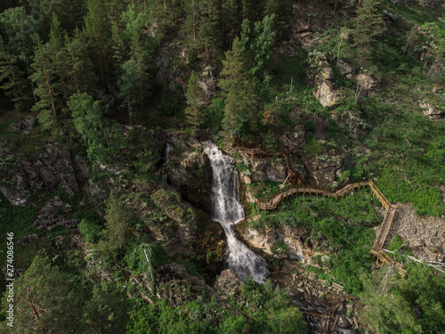 Aerial drone photo of view of waterfall in the Altai Mountains, Siberia, Russia