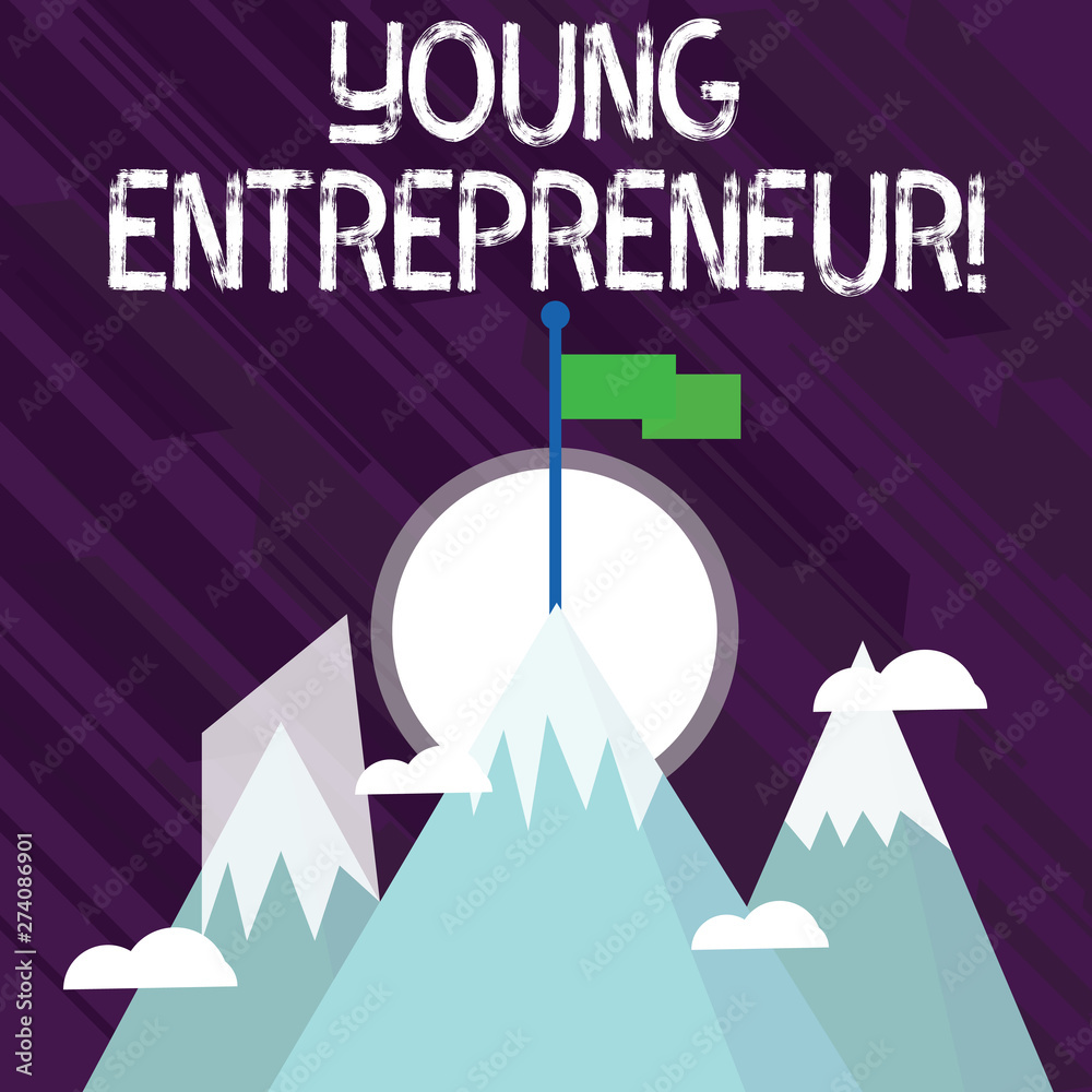 Word writing text Young Entrepreneur. Business photo showcasing someone that started their own business at young age Three High Mountains with Snow and One has Blank Colorful Flag at the Peak