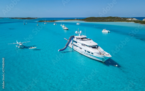 Aerial Drone view of Motor Yacht Boat in Islands Bahamas Beaches