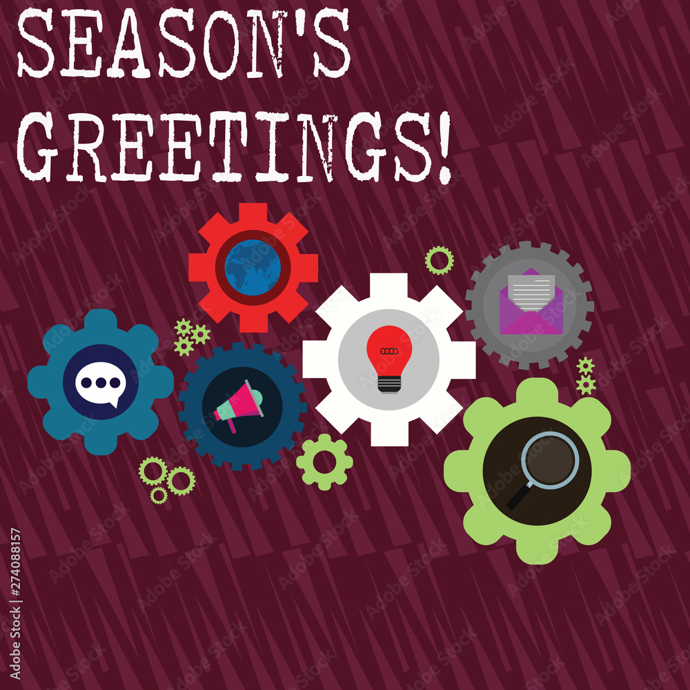 Word writing text Season S Is Greetings. Business photo showcasing Used as an expression of goodwill during festivities Set of Global Online Social Networking Icons Inside Colorful Cog Wheel Gear Word writing text Season S Is Greetings. Business photo showcasing Used as an expression of goodwill during festivities Set of Global Online Social Networking Icons Inside Colorful Cog Wheel Gear