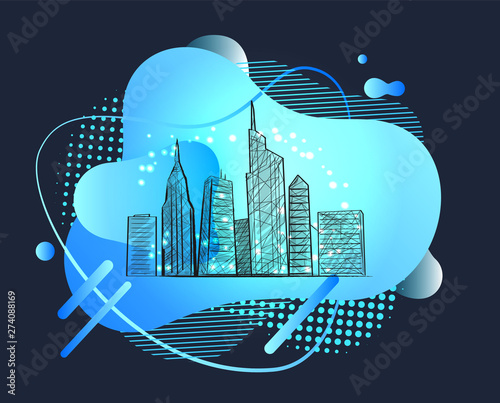 Skyscrapers vector, big city with high tall buildings and developed infrastructure, metropolitan megapolis for tourists. Abstract design with shapes. Modern futuristic neon sketch town