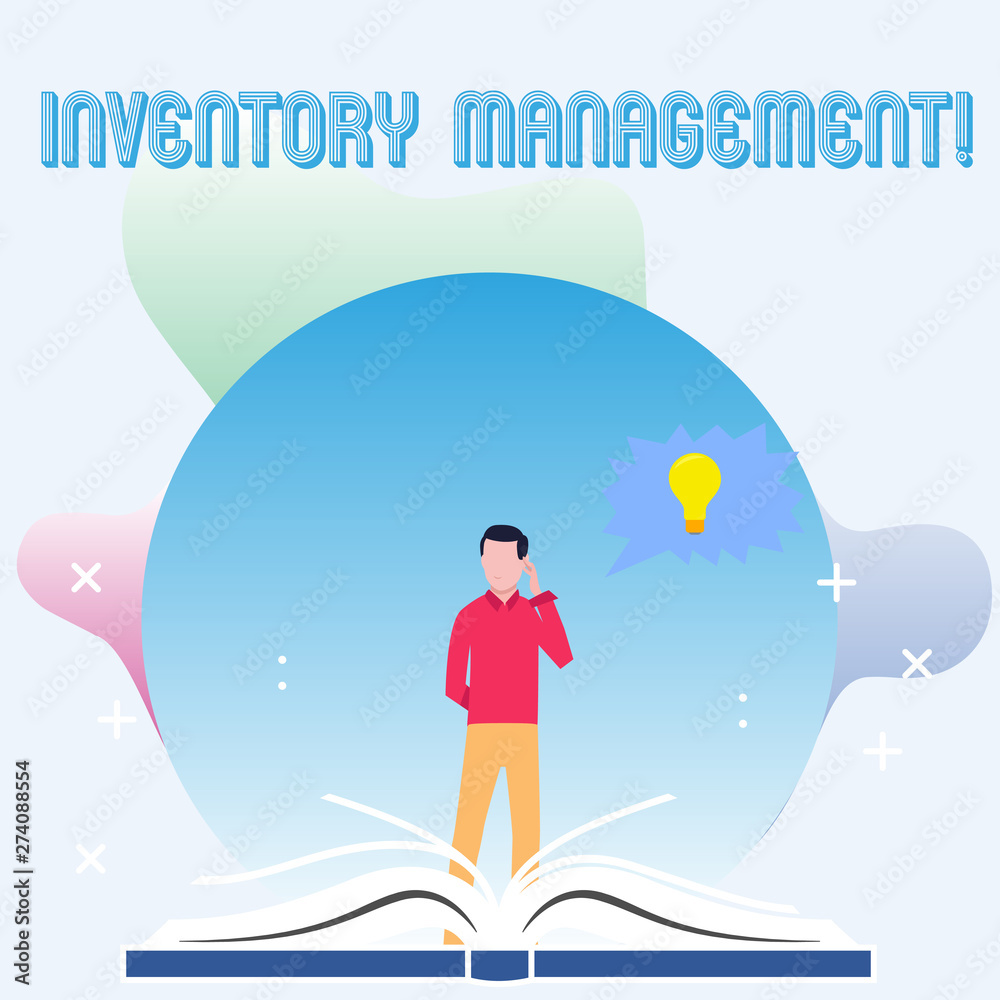 Text sign showing Inventory Management. Business photo showcasing supervision of non capitalized assets and stock items Man Standing Behind Open Book, Hand on Head, Jagged Speech Bubble with Bulb