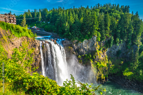 Clear Skies and Double Rainbow Over Snoqualmie Falls in Washington