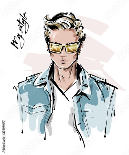 Hand drawn stylish man in sunglasses. Fashion handsome man. Sketch. Vector illustration.