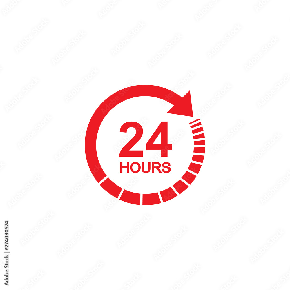 24 hours red clock sign icon in flat style. Twenty four hour open vector illustration on white isolated. Timetable business concept 24 hours red clock sign icon in flat style. Twenty four hour open vector illustration on white isolated. Timetable business concept