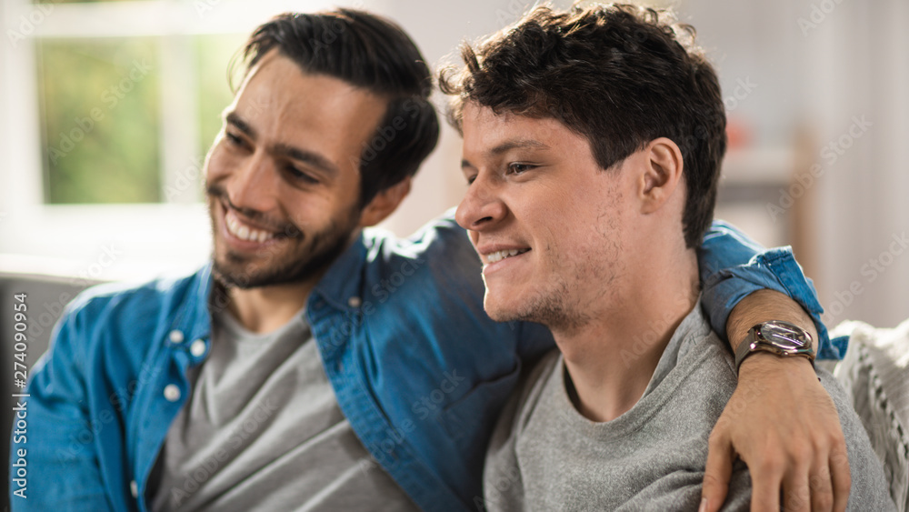 Portrait of a Cute Male Queer Couple at Home. They Sit on a Sofa. Partner Embraces His Lover from Behind. They are Happy and Smiling. Room Has Modern Interior.