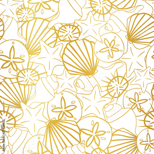 Vector gold foil seashells seamless pattern texture background. Perfect for wallpaper, scrapbooking, special event invitations or decor print.