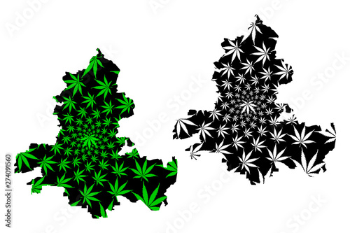 Rostov Oblast (Russia, Subjects of the Russian Federation, Oblasts of Russia) map is designed cannabis leaf green and black, Rostov Oblast map made of marijuana (marihuana,THC) foliage....