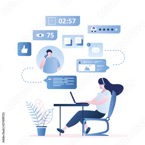 Girl assistant with headset on workplace, Online support background,feedback concept