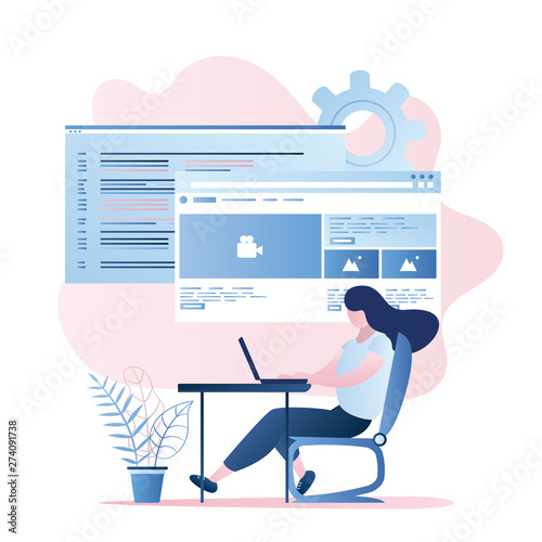 Beauty female programmer with laptop at workplace,front-end and back-end development