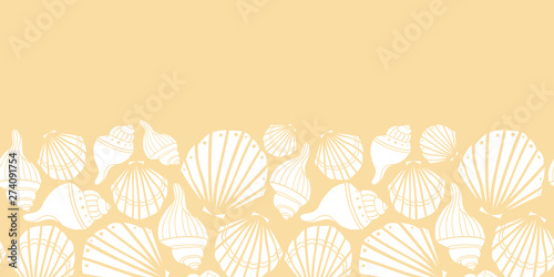 Vector white seashells on yellow seamless border pattern design. Perfect as graphic design elements for invitations, or fabric application.