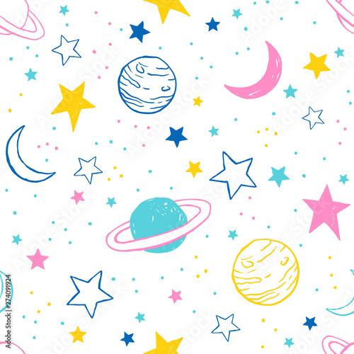 Seamless pattern with colorful doodle planets and stars on white background