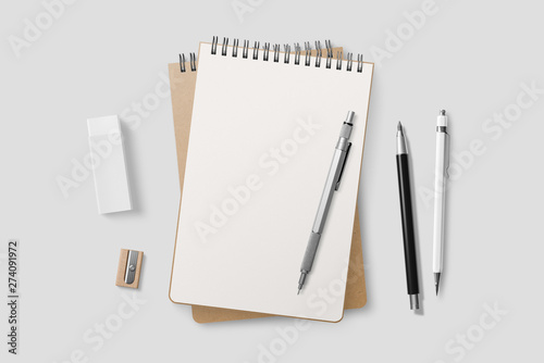 Blank realistic spiral bound notepad mockup with Kraft Paper cover on light grey background. High resolution.