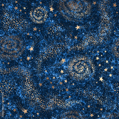 Galaxy seamless dark blue textured pattern with gold nebula, constellations and stars