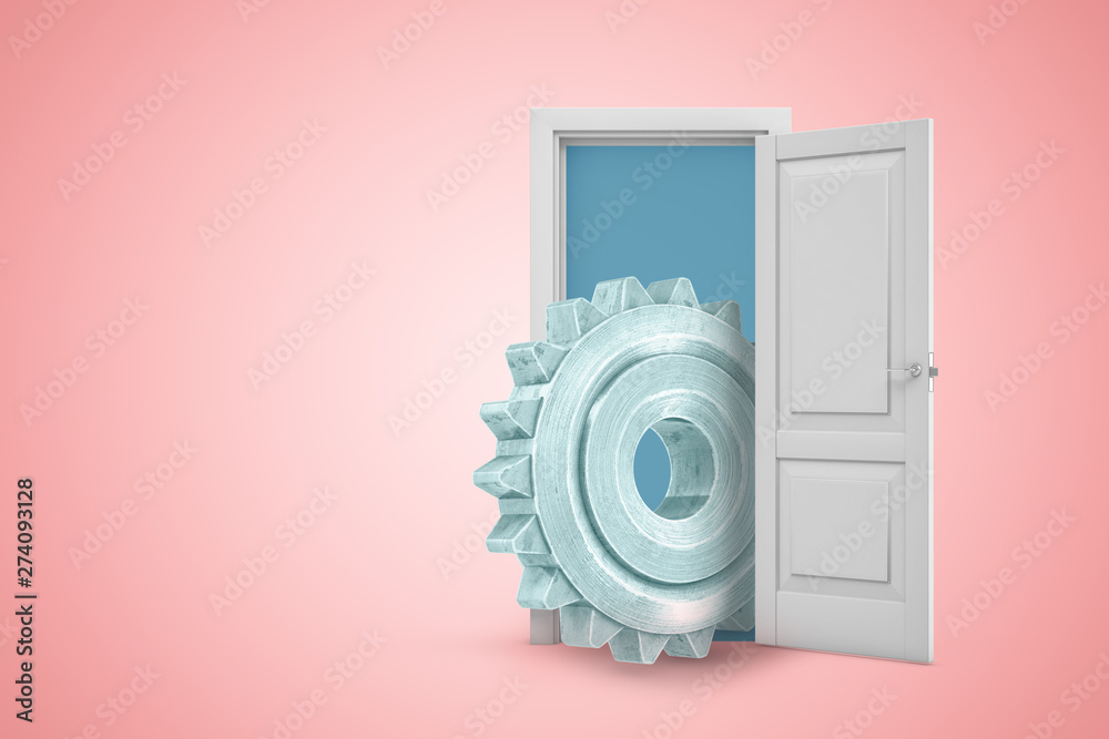 3d rendering of open door on pink gradient copyspace background and big gearwheel in doorway. 3d rendering of open door on pink gradient copyspace background and big gearwheel in doorway.