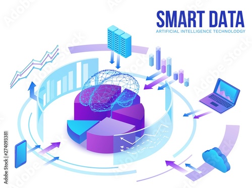 Artificial intelligence concept, smart data analysis center, brain icon, digital technology in finance, server, computer network, cloud symbol, big research isometric illustration, 3d background