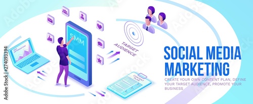 Social media marketing concept, 3d isometric infographic promotion campaign, online digital technology, horizontal banner, business people analyze advertising report, content plan, seo optimisation