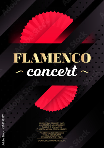 Vertical flamenco dark background with red fans and text. 
