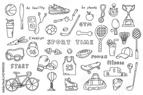 Set of sport elements with lettering. Funny doodle hand drawn vector illustration. Cute cartoon black and white collection.