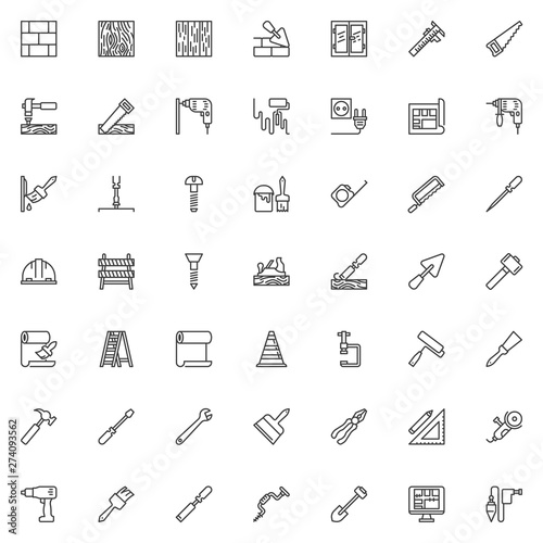 Construction and home repair tool line icons set. linear style symbols collection, outline signs pack. vector graphics. Set includes icons as Electric drill, Construction barrier, Safety Helmet, Screw